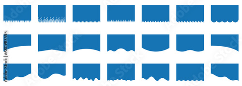 Divider Shape Set for Web Page Bottom Section Or Website Top. Separator For Banner, App, Poster. Abstract Design Element Collection. Waves Form, Curve Line, Drops. Isolated Vector Illustration