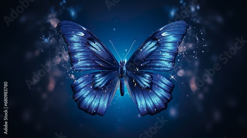 Contours of blue butterfly in smoke on black background, fantastic magic background, unusual beautiful wallpaper