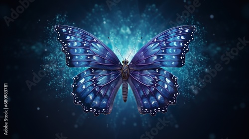 Contours of blue butterfly in smoke on black background, fantastic magic background, unusual beautiful wallpaper © Damerfie
