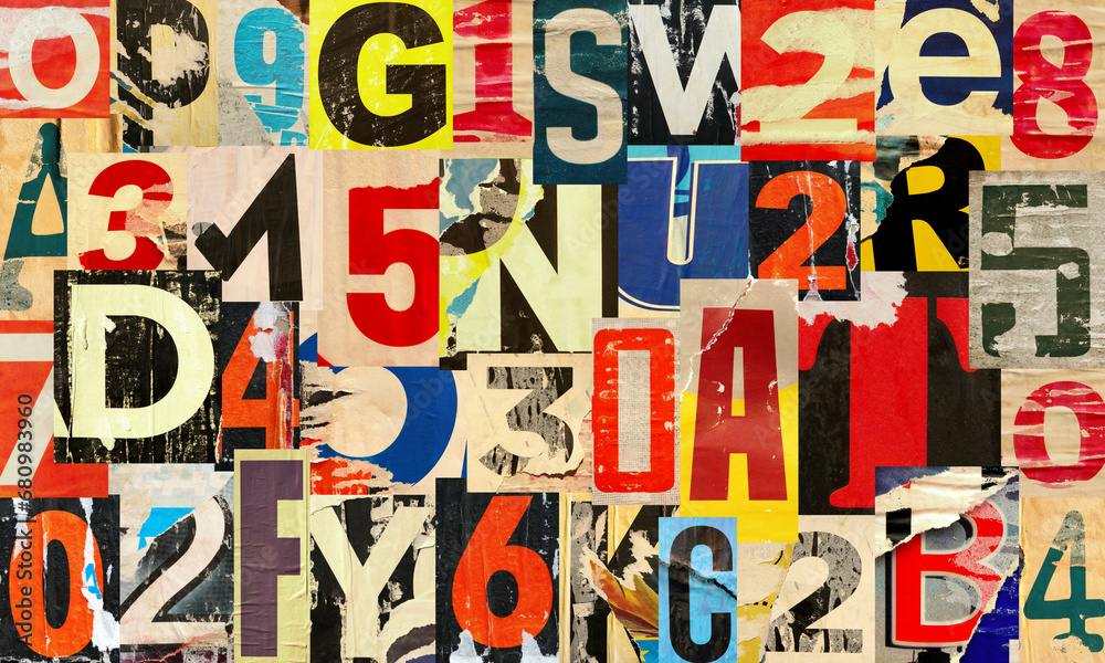 Collage of many numbers and letters ripped torn advertisement street posters grunge creased crumpled paper texture background placard backdrop surface Collage of many numbers and letters ripped torn advertisement street posters grunge creased crumpled paper texture background placard backdrop surface