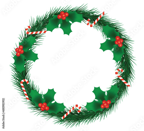 Christmas Fir Wreath with Holly Berries and Candy Canes. Festive winter holiday concept vector