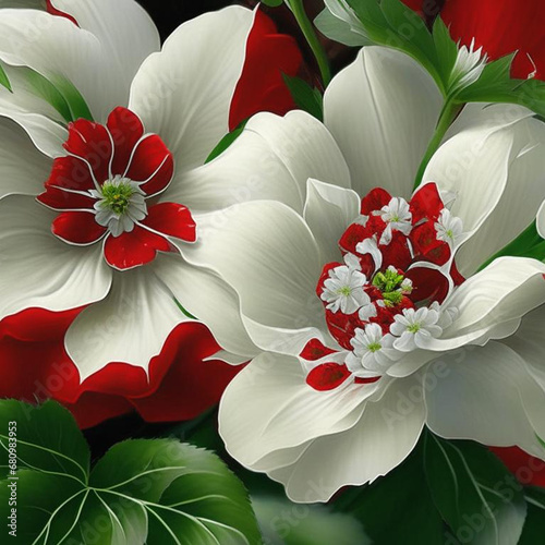 White and red flowers with green stems and leaves.