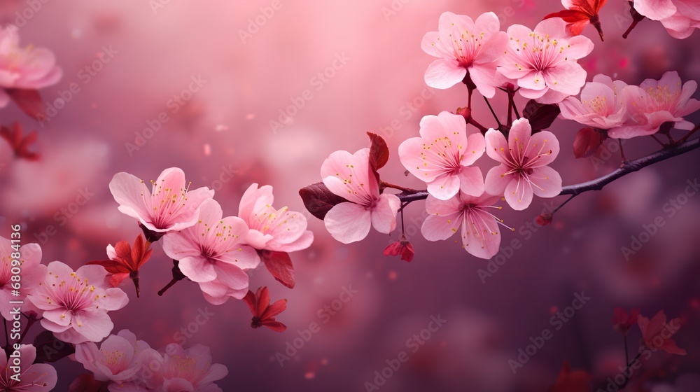 Fresh quince blossom, beautiful pink flowers falling in the air isolated on pink background.