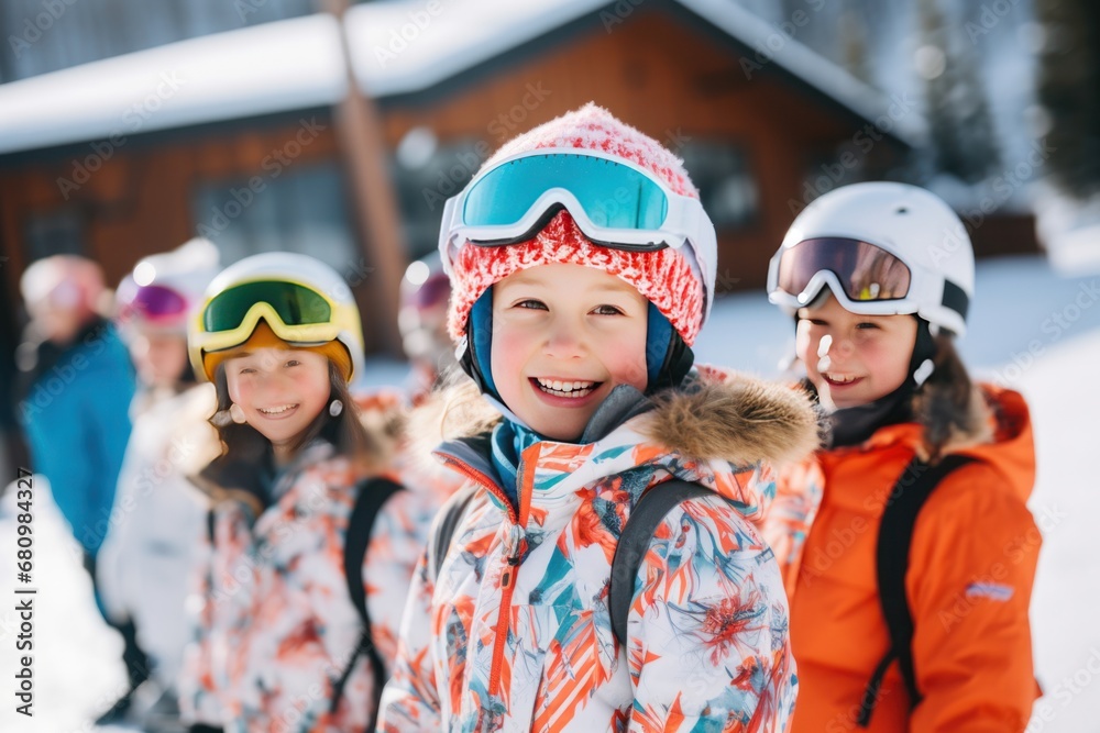 Winter sport, ski school children hear their coach. Children learning how to ski and snowboard. Ski holiday weekend. Happy kids. Close up. Winter sport, ski school children hear their coach. Children learning how to ski and snowboard. Ski holiday weekend. Happy kids. Close up.