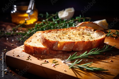 Newly cut, crisp white bread with a crunchy crust and infused with herbs