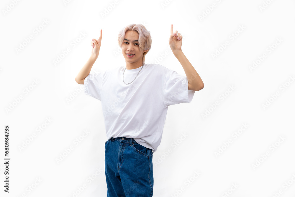 blank template t shirt. asian man with white t shirt and pointing hand up. Fashion portrait Asian young man. model, clothing and cosmetics. Young male model blond hair isolated on white background blank template t shirt. asian man with white t shirt and pointing hand up. Fashion portrait Asian young man. model, clothing and cosmetics. Young male model blond hair isolated on white background
