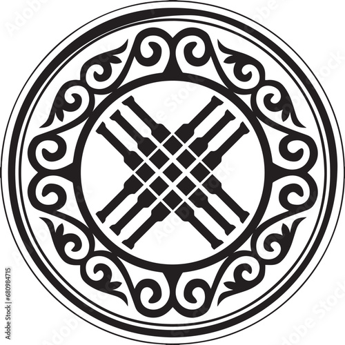Vector round golden Kazakh national ornament shanyrak. Circle hole on the roof of the yurt. Ethnic pattern of nomadic peoples of the Great Steppe, Kyrgyz, Mongols, Bashkirs, Buryats, Kalmyks