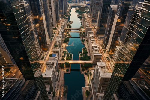Photograph of tall buildings in a modern city from the view from drone or airplane.
