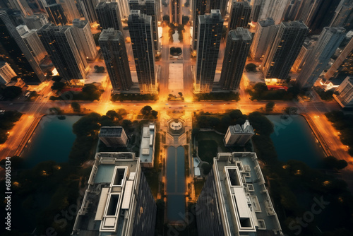Photograph of tall buildings in a modern city from the view from drone or airplane.