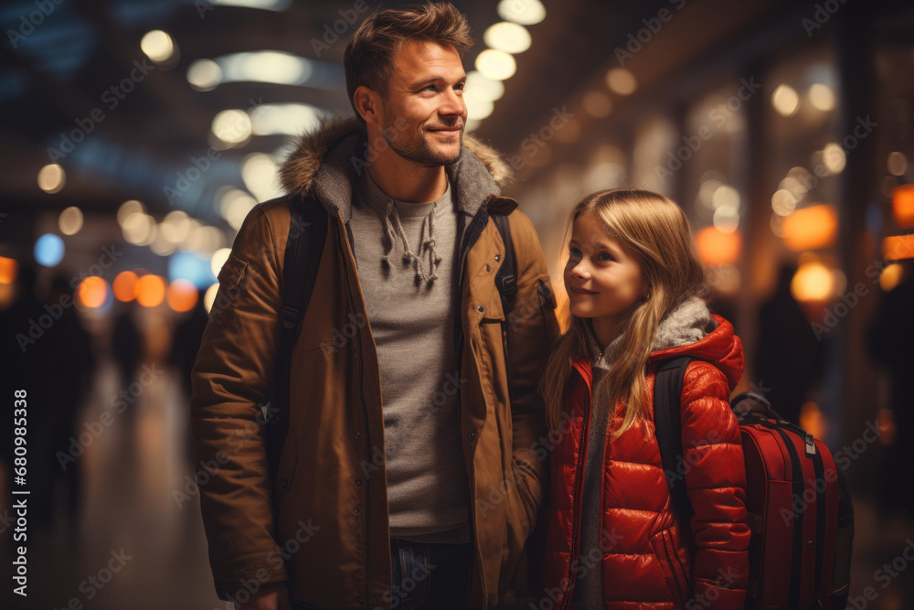 Young happy Caucasian family at airport, subway, train station, or shopping mall