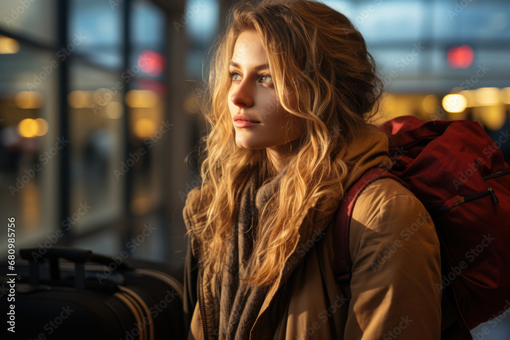 Young happy Caucasian woman at airport, subway, train station, or shopping mall Young happy Caucasian woman at airport, subway, train station, or shopping mall