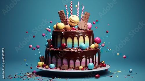 colorful cake decorated with sweets on a blue background poured with chocolate. Place for your text Concept, 3d render illustration