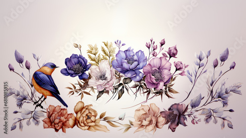 Watercolor floral composition with anemones, flowers and bird. photo