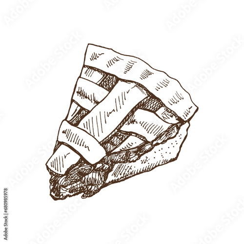 Hand-drawn sketch of piece of traditional apple pie with cream topping. Vector illustration of baking. Homemade bakery drawing. Dessert food for recipes, restaurant. Food for Thanksgiving, Christmas