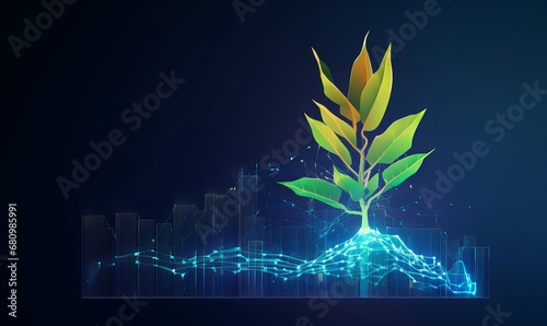 Growth of investment is represented in the seedling against the background of the chart. Startup financial projections illustration in futuristic polygonal, Generative AI