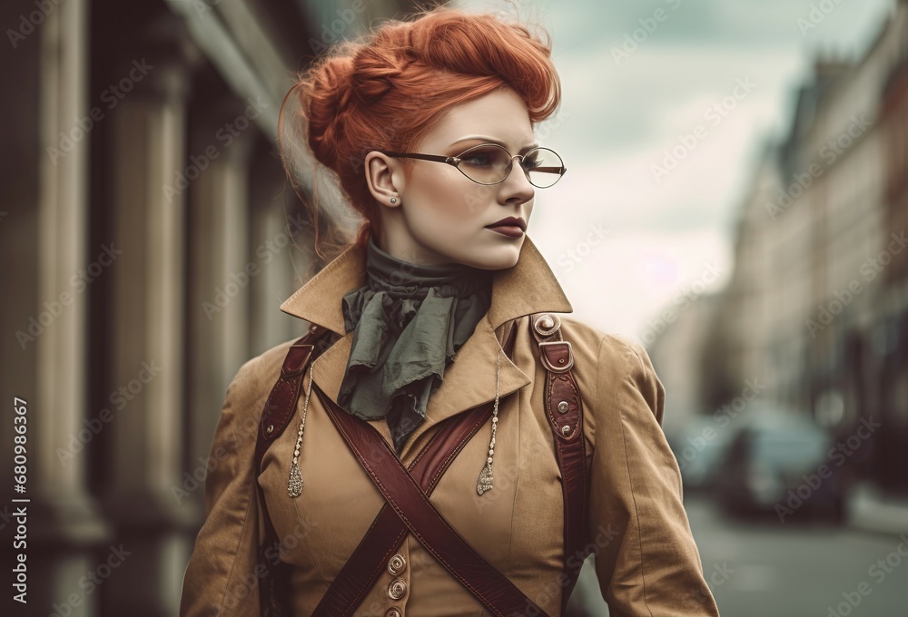 Desert punk woman red hair victorian style. Super hero in the city vintage. Generate Ai - obrazy, fototapety, plakaty 