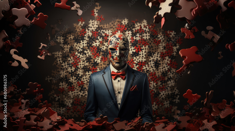 Man with skull mask and jigsaw puzzle pieces around him on dark background. - obrazy, fototapety, plakaty 
