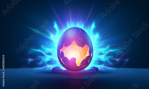 Broken egg birth concept in digital style. Rays of light from the crack of the egg, the concept of a festive banner with a light neon effect. AI photo