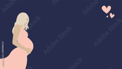 Banner about pregnancy and motherhood with place for text. Pregnant woman, future mom of hugging belly with arms. Happy Mother's Day. Flat vector illustration.