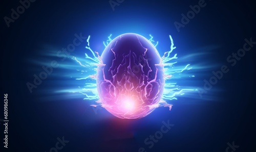 Broken egg birth concept in digital style. Rays of light from the crack of the egg, the concept of a festive banner with a light neon effect. AI