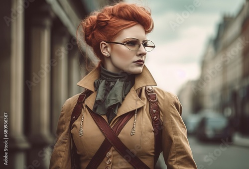 Desert punk woman red hair victorian style. Super hero in the city vintage. Generate Ai photo