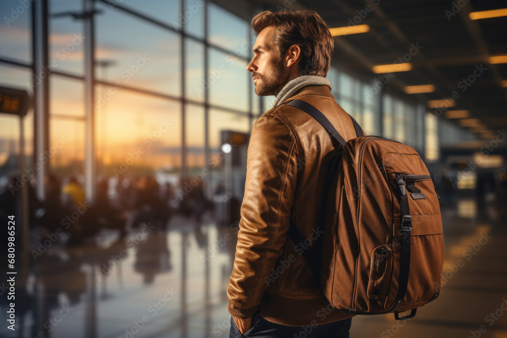 Caucasian man looks at the planes in the window of the airport Caucasian man looks at the planes in the window of the airport