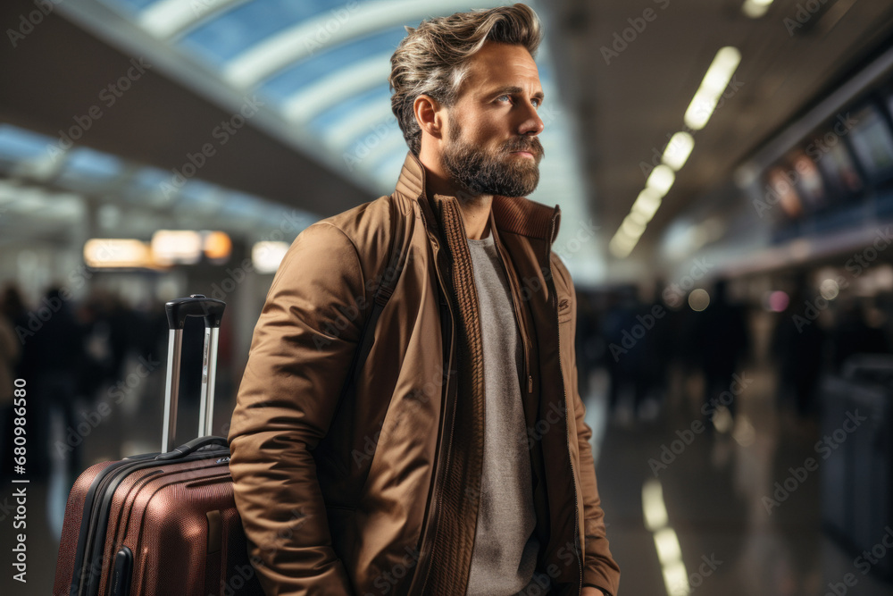 Caucasian man in casual clothes and suitcase waiting at the plane outdoors in airport.