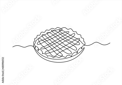Single continuous line drawing of stylized delicious apple pie for cake logo art label. Pastry shop concept. Modern one line draw design vector graphic illustration cake food service