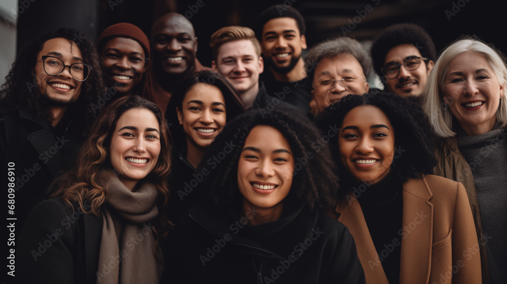 Unity of races and social classes. Multiracial group of people with black African-American Caucasian and Asian people . smiling together. Unity of races and social classes. Multiracial group of people with black African-American Caucasian and Asian people . smiling together.