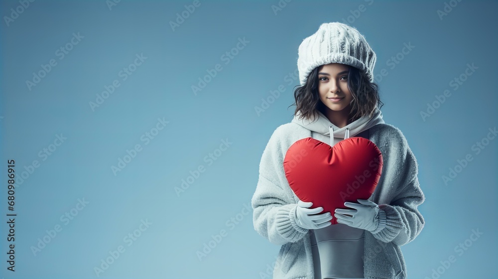 A young woman holding a heart, radiating beauty and love in a red heard , creating a charming Valentine's Day portrait. A young woman holding a heart, radiating beauty and love in a red heard , creating a charming Valentine's Day portrait.