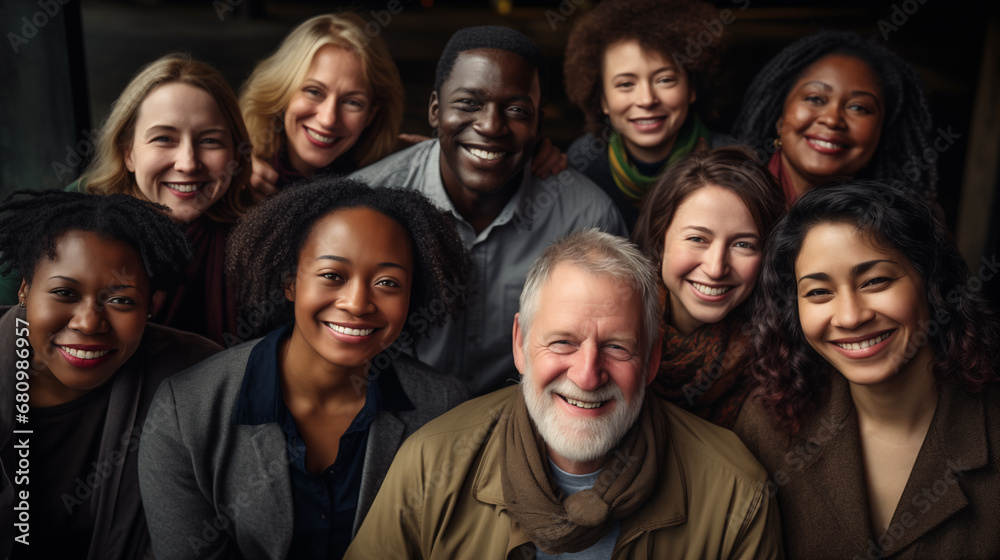 Unity of races and social classes. Multiracial group of people with black African-American Caucasian and Asian people . smiling together.