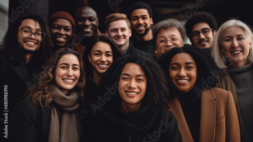 Unity of races and social classes. Multiracial group of people with black African-American Caucasian and Asian people . smiling together.