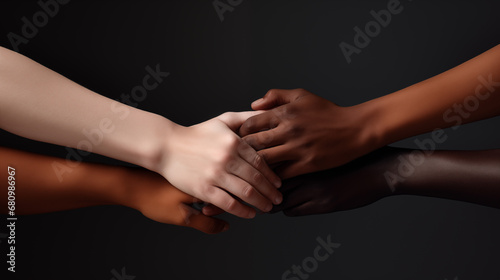 different color people joining hands against racism. Unity of races and social classes. copy space