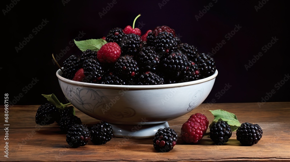 Illustration of a bowl of fresh blackberries on a rustic wooden table Illustration of a bowl of fresh blackberries on a rustic wooden table