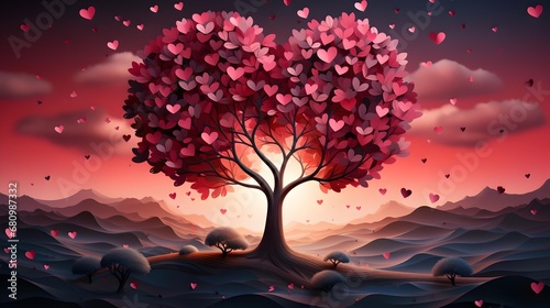Heart in nature An abstract and magical landscape with a red heart-shaped tree, symbolizing love and romance, creating a fantasy illustration for Valentine's Day or weddings. © NiK0StudeO