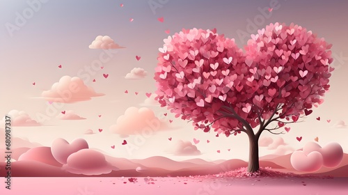 Heart in nature An abstract and magical landscape with a red heart-shaped tree, symbolizing love and romance, creating a fantasy illustration for Valentine's Day or weddings. © NiK0StudeO