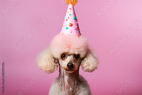 誕生日の被り物をする犬