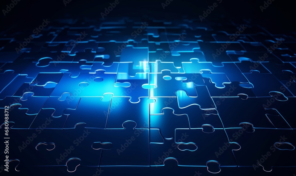 Puzzle in a digital futuristic style. Leadership concept, a piece of the puzzle is highlighted.  illustration on a dark night background with light, Generative AI - obrazy, fototapety, plakaty 