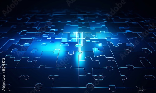Puzzle in a digital futuristic style. Leadership concept, a piece of the puzzle is highlighted.  illustration on a dark night background with light, Generative AI photo