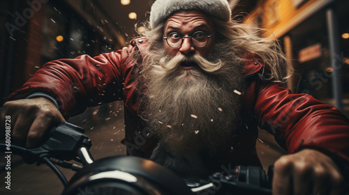 Santa Claus is driving at high speed to deliver Christmas gifts. ai generative