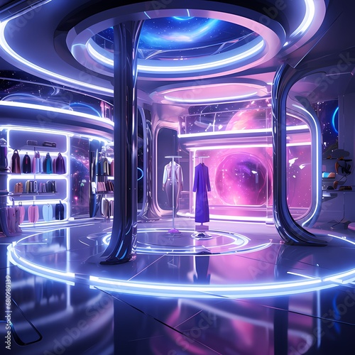 Fashion technology pop-up store Inside the Metaverse Royal blue, pink and purple, spaceship architecture. © Thi