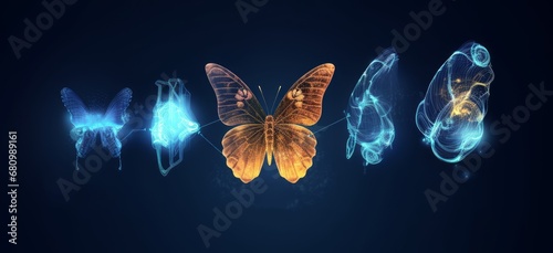 Evolution of a butterfly in a digital futuristic style. Insect life cycle, transformation from caterpillar to butterfly. The concept of a successful startup or investment or business, Generative AI © Imagery Innovators