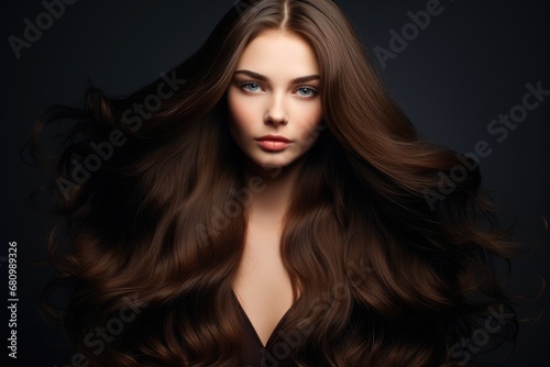 A Captivating Portrait of a Woman with Mesmerizing Blue Eyes and Flowing Brown Hair