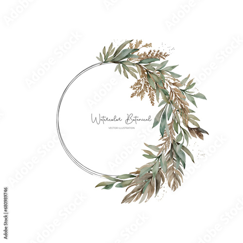 Wreath of Leaves, Twigs, Pampas Grass in Natural Style. Design for Wedding Invitations, Greeting Cards, Logos. Vector