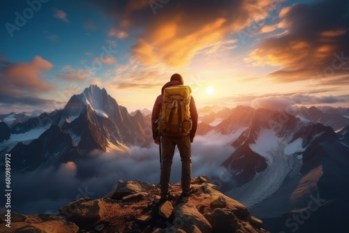 Adventurous man with backpack standing on the top of the mountain and admiring beautiful sunset landscape. Success and personal growth concept.