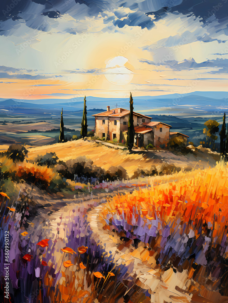 A Painting Of A House In A Field Of Flowers - Tuscan landscape