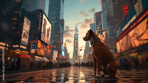 A brown and white dog sits on a reflective city street at sunset, with towering billboards and a bustling crowd in the background