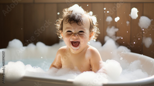 赤ちゃんが泡風呂に入っている photo