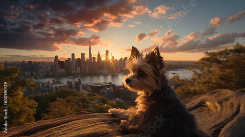 A small dog perches on a rock overlooking a city skyline with the sunset creating a beautiful backdrop