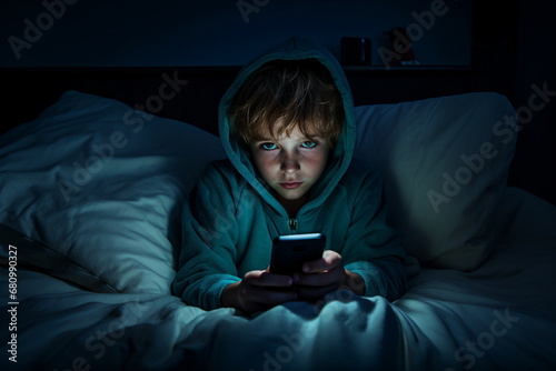 child boy use a mobile phone in the bed photo